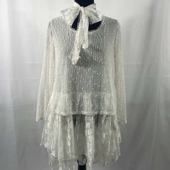 Simply Couture, Baby doll, layered Dress,Lace, with bow tie scarf, White, Medium - Picture 10 of 10